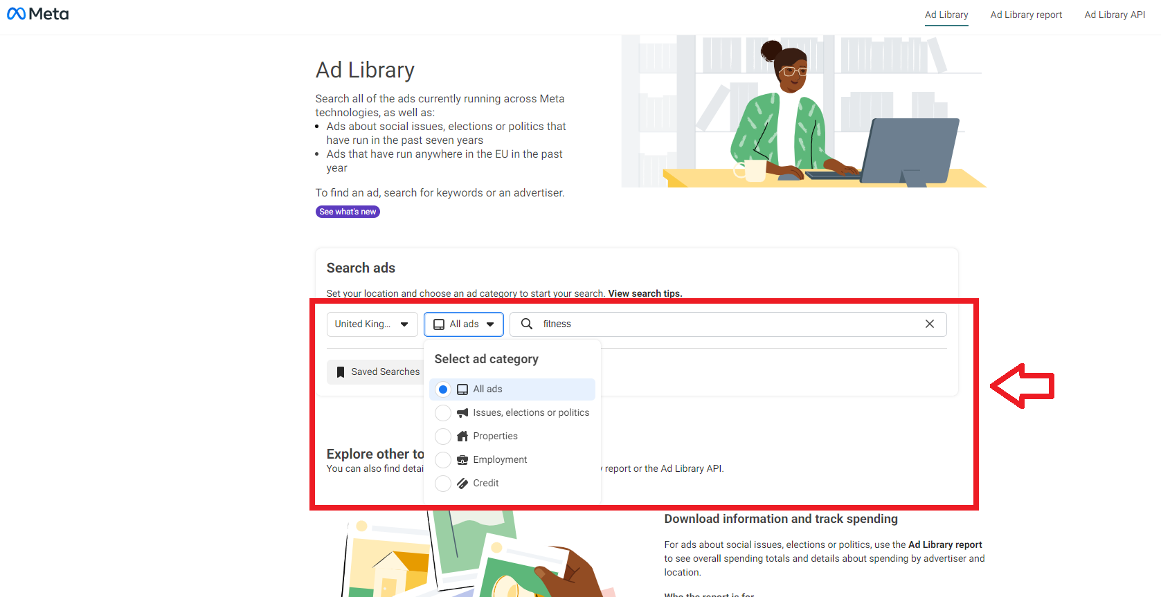 Meta Ads library to get competitor ad copy and see what’s working for UK dropshipping. You can set the region you are interested in, select an ad category, and type in a keyword.