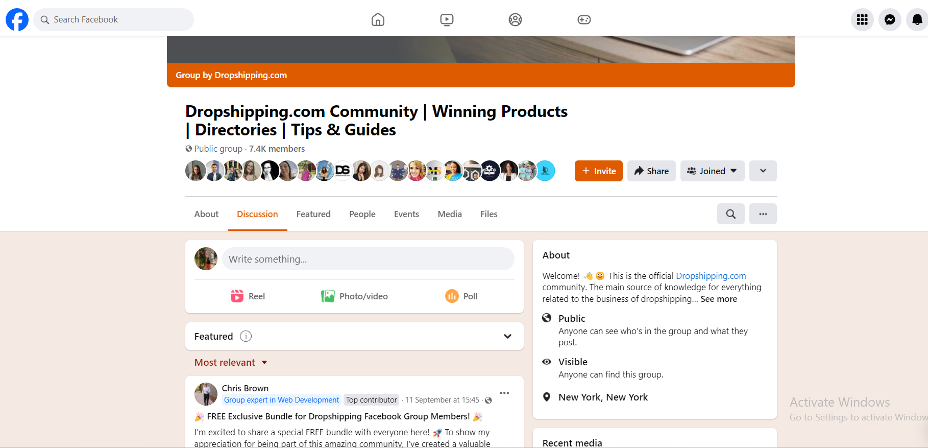 Dropshipping.com Facebook Group, which provides access to over 7.4K members.