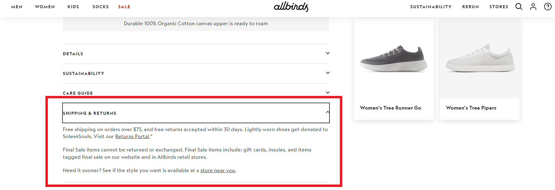 shipping and returns section